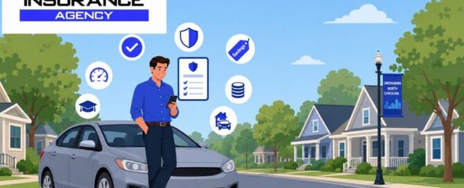 A man standing by a sedan is looking at savings options, highlighting car insurance discounts from Tom Needham Insurance Agency in Greensboro.